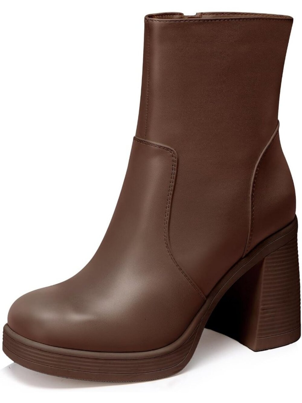 Women's Brown Platform Square Toe Gogo Chunky Block Heel Ankle Boots with Zipper